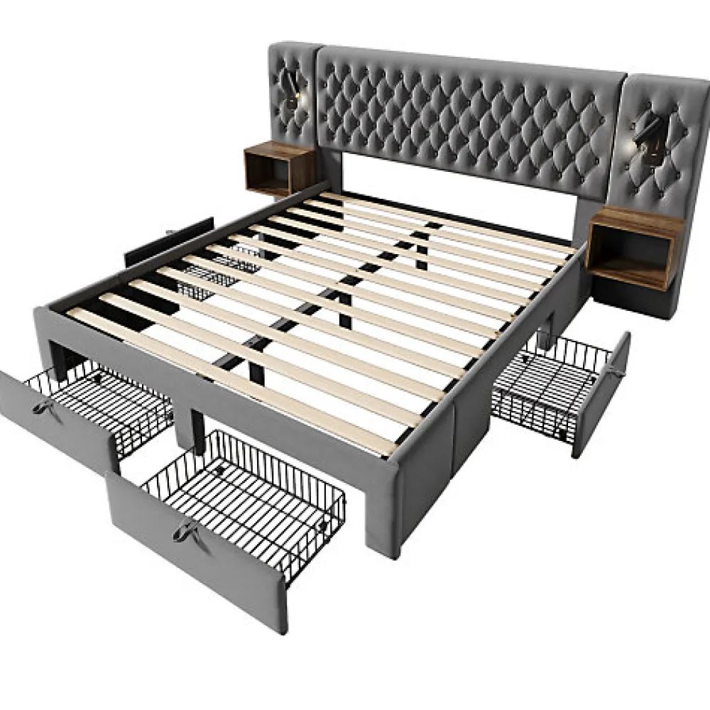 Lit adulte en velours 180x200 cm - avec 2 chevets et 4 tiroirs - 2 liseuses avec prise USB - Gris (matelas non inclus)>ModernLuxe