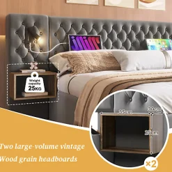 Lit adulte en velours 180x200 cm - avec 2 chevets et 4 tiroirs - 2 liseuses avec prise USB - Gris (matelas non inclus)><noscript><img width=