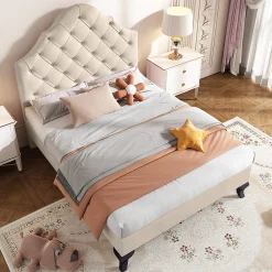 Lit adulte lit cadre à lattes en bois lit 90x200 cm lit rembourré Single velours beige><noscript><img width=