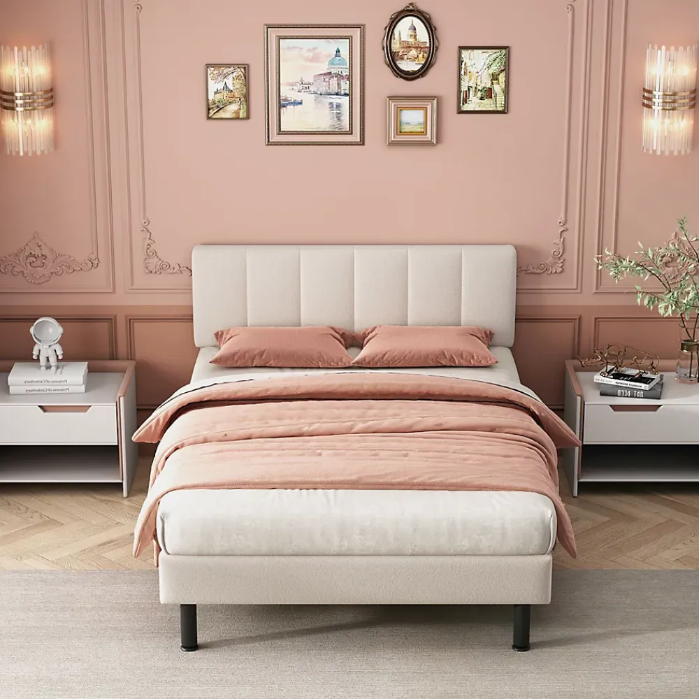 Gutent Lit adulte lit cadre à lattes en bois lit 140x190 cm lit rembourré lit pieds en fer Single sherpa beige* Lit Double