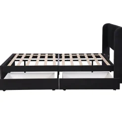 Lit adulte lit cadre à lattes en bois lit 160x200 cm lit rembourré lit 2 tiroirs lit double velours noir><noscript><img width=