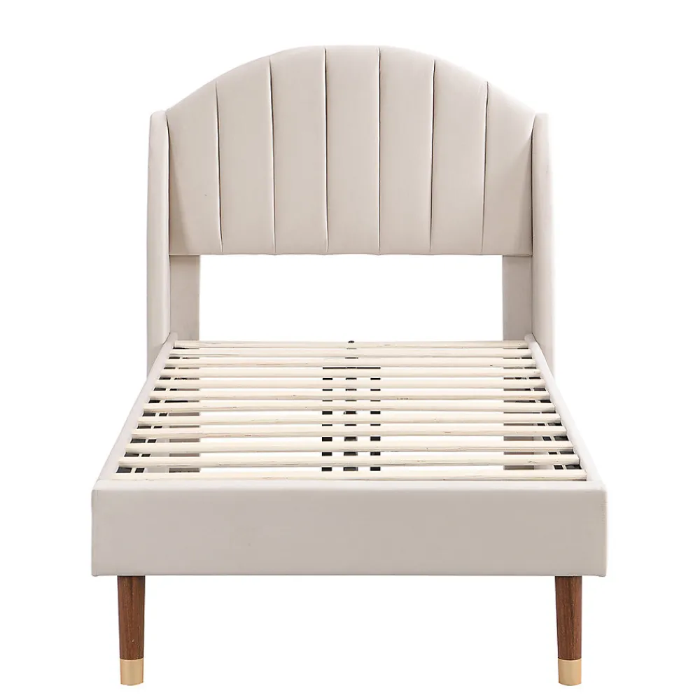 Lit adulte lit cadre à lattes en bois lit 90x200 cm lit rembourré Single velours beige>Gutent Sale