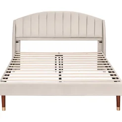 Gutent Lit adulte lit cadre à lattes en bois lit 140x200 cm lit rembourré Single velours beige* Lit Double