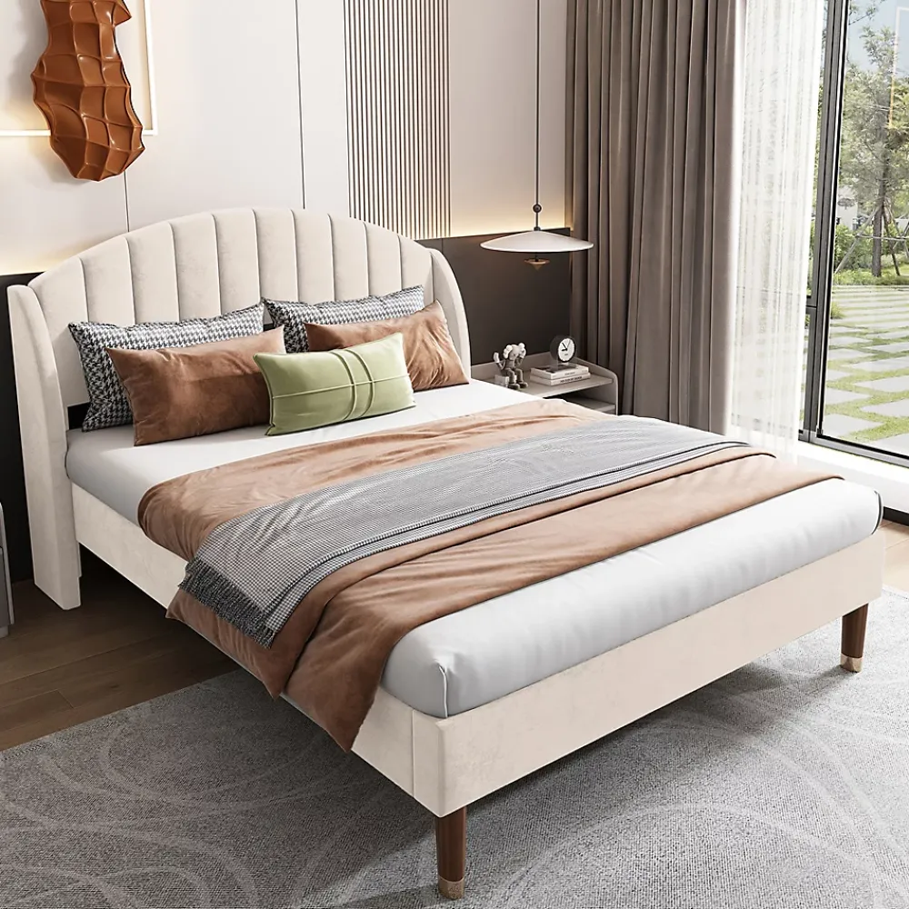 Gutent Lit adulte lit cadre à lattes en bois lit 140x200 cm lit rembourré Single velours beige* Lit Double