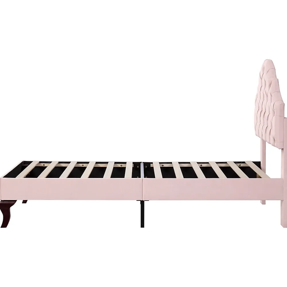 Gutent Lit adulte lit cadre à lattes en bois lit 90x200 cm lit rembourré Single velours rose* Lit Simple