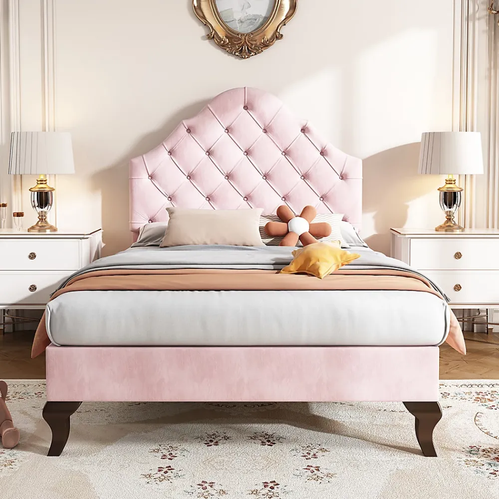 Gutent Lit adulte lit cadre à lattes en bois lit 90x200 cm lit rembourré Single velours rose* Lit Simple