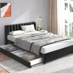 Lit adulte lit cadre à lattes en bois lit 140x200 cm lit rembourré lit 2 tiroirs lit double velours noir>Gutent Best