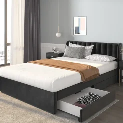 Lit adulte lit cadre à lattes en bois lit 140x200 cm lit rembourré lit 2 tiroirs lit double velours noir>Gutent Best