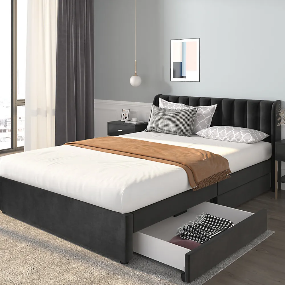 Lit adulte lit cadre à lattes en bois lit 140x200 cm lit rembourré lit 2 tiroirs lit double velours noir>Gutent Best