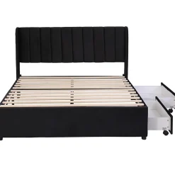 Lit adulte lit cadre à lattes en bois lit 140x200 cm lit rembourré lit 2 tiroirs lit double velours noir><noscript><img width=