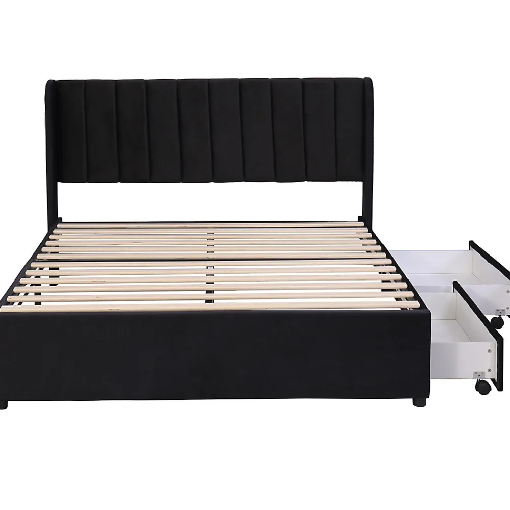 Lit adulte lit cadre à lattes en bois lit 140x200 cm lit rembourré lit 2 tiroirs lit double velours noir>Gutent Best