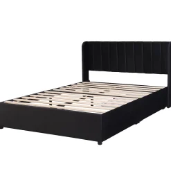 Lit adulte lit cadre à lattes en bois lit 140x200 cm lit rembourré lit 2 tiroirs lit double velours noir><noscript><img width=
