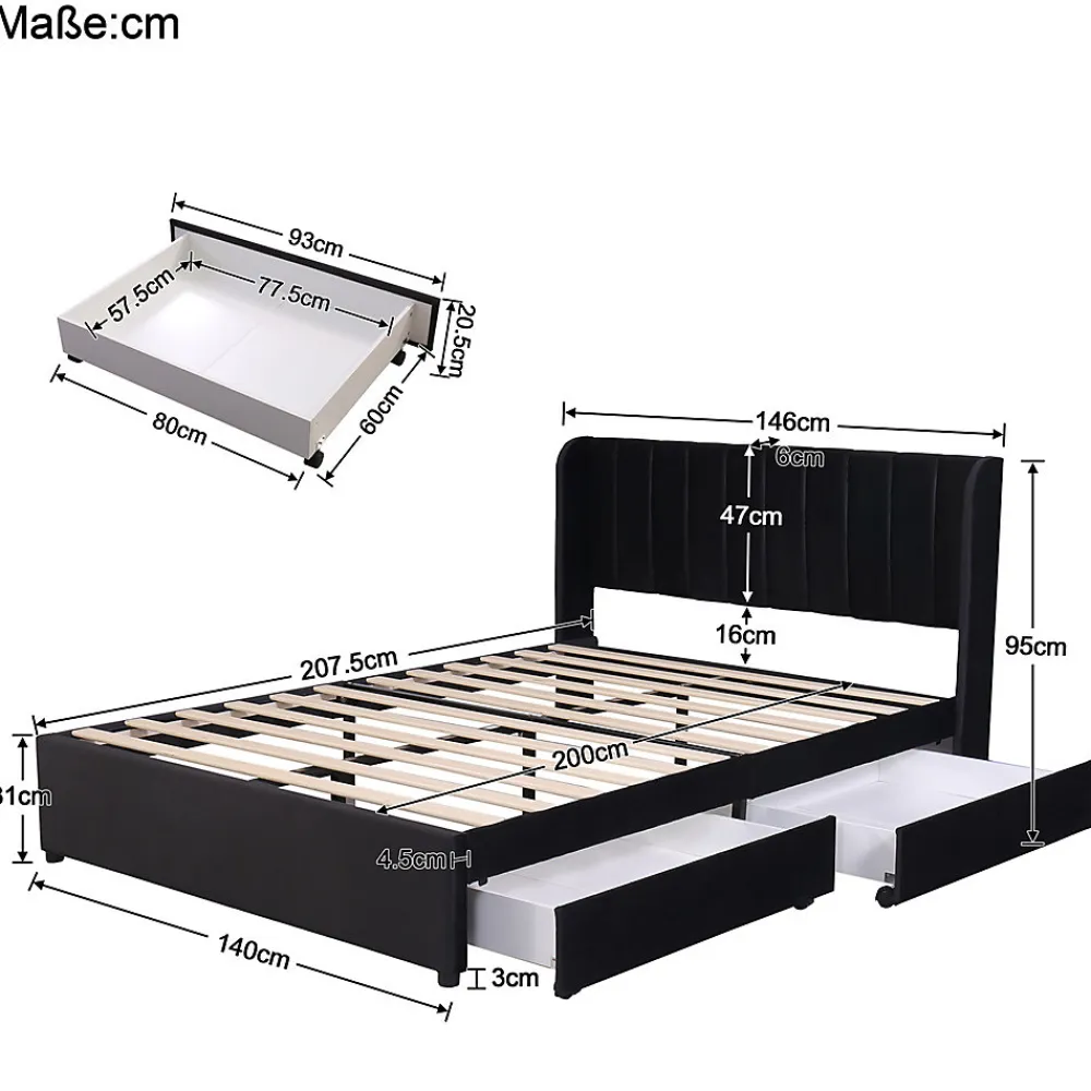 Lit adulte lit cadre à lattes en bois lit 140x200 cm lit rembourré lit 2 tiroirs lit double velours noir>Gutent Best