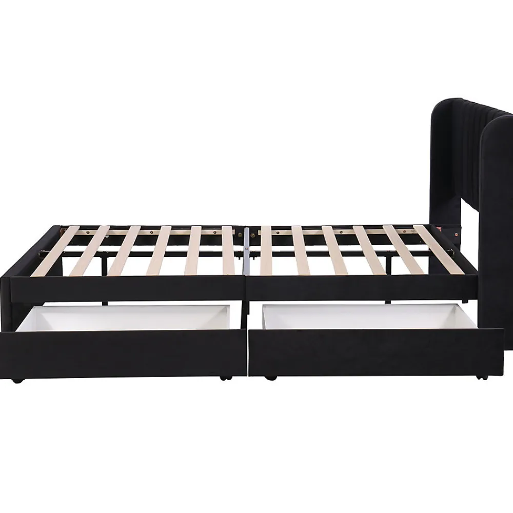 Lit adulte lit cadre à lattes en bois lit 140x200 cm lit rembourré lit 2 tiroirs lit double velours noir>Gutent Best