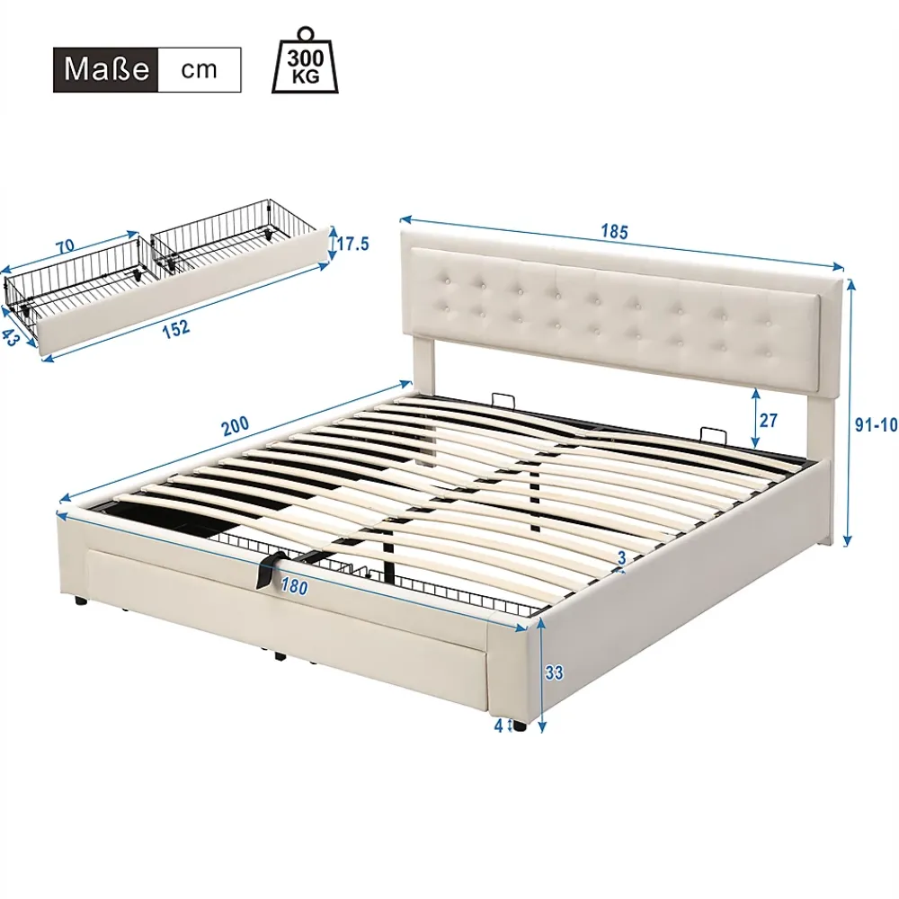 Gutent Lit adulte lit coffre lit 180x200 cm lit de rangement lit rembourré hydraulique lit 2 tiroirs lit double velours beige* Lit Avec Rangement