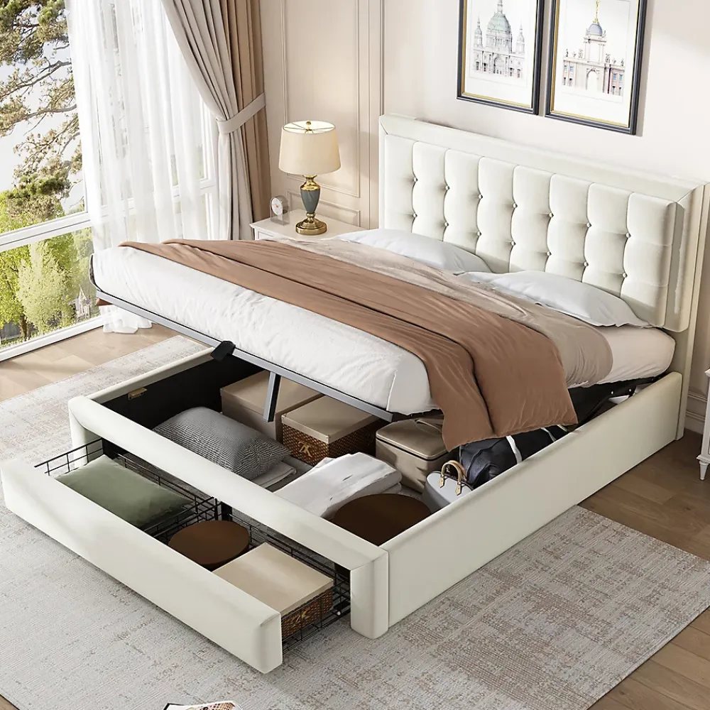 Gutent Lit adulte lit coffre lit 140x200 cm lit de rangement lit rembourré hydraulique lit 2 tiroirs lit double velours beige* Lit Avec Rangement