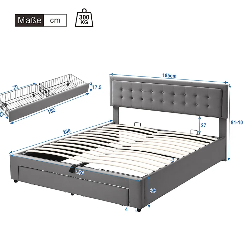 Lit adulte lit coffre lit 180x200 cm lit de rangement lit rembourré hydraulique lit 2 tiroirs lit double velours gris>Gutent
