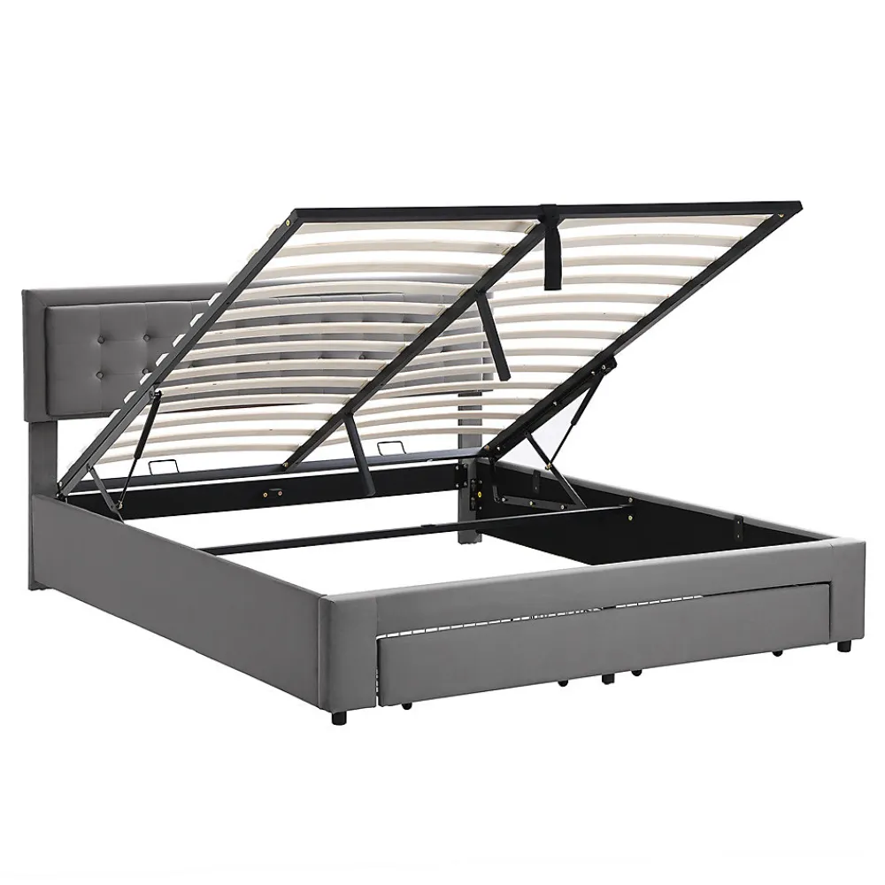 Lit adulte lit coffre lit 180x200 cm lit de rangement lit rembourré hydraulique lit 2 tiroirs lit double velours gris>Gutent