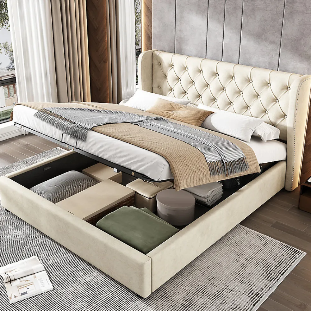 Lit adulte lit coffre lit 140x200 cm lit de rangement lit rembourré hydraulique lit en métal lit double velours beige>Gutent Discount