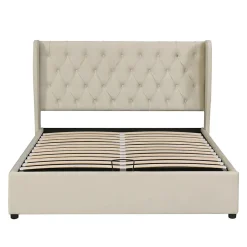 Lit adulte lit coffre lit 140x200 cm lit de rangement lit rembourré hydraulique lit en métal lit double velours beige><noscript><img width=