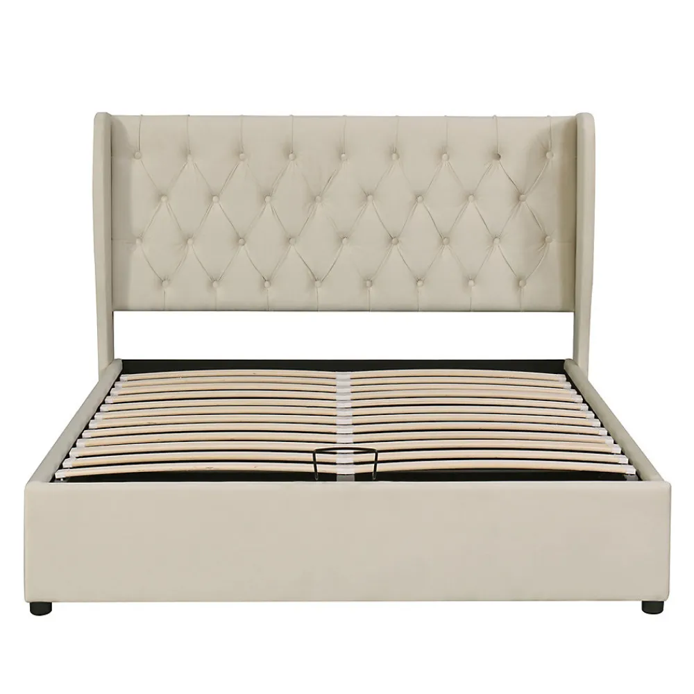Lit adulte lit coffre lit 140x200 cm lit de rangement lit rembourré hydraulique lit en métal lit double velours beige>Gutent Discount