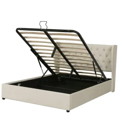 Lit adulte lit coffre lit 140x200 cm lit de rangement lit rembourré hydraulique lit en métal lit double velours beige><noscript><img width=