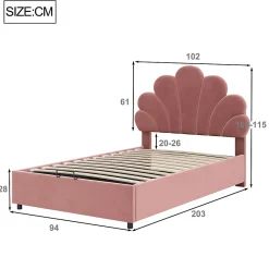 Gutent Lit adulte lit coffre lit 90x200 cm lit de rangement lit rembourré hydraulique lit cadre à lamelles Single velours rose* Lit Avec Rangement