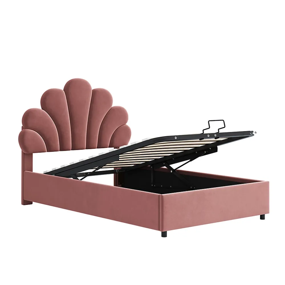 Gutent Lit adulte lit coffre lit 90x200 cm lit de rangement lit rembourré hydraulique lit cadre à lamelles Single velours rose* Lit Avec Rangement