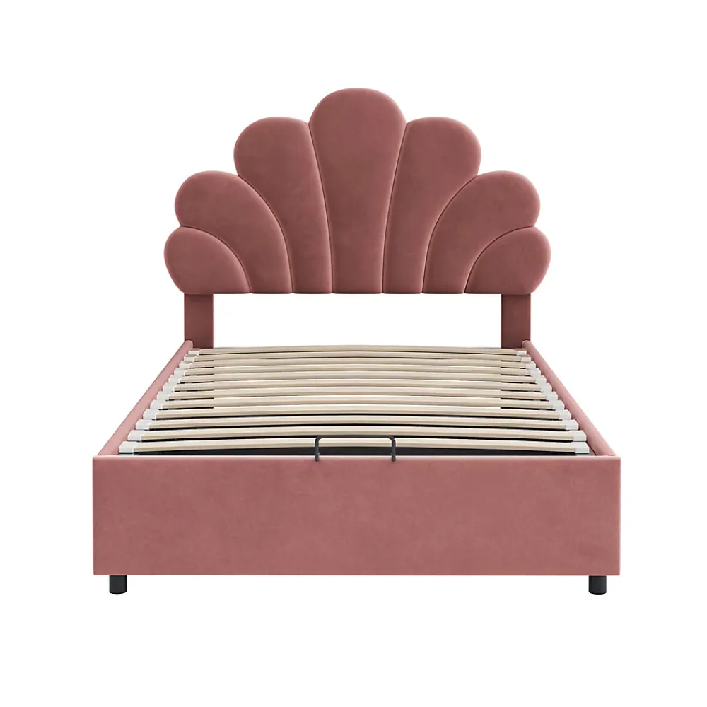 Gutent Lit adulte lit coffre lit 90x200 cm lit de rangement lit rembourré hydraulique lit cadre à lamelles Single velours rose* Lit Avec Rangement