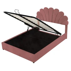 Gutent Lit adulte lit coffre lit 140x200 cm lit de rangement lit rembourré hydraulique lit cadre à lamelles lit double velours rose* Lit Avec Rangement