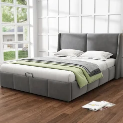 Lit adulte lit coffre lit 180x200 cm lit de rangement lit rembourré hydraulique lit en métal lit double velours gris>Gutent New
