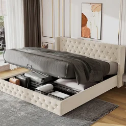 Lit adulte lit coffre lit rembourré hydraulique lit de rangement lit 160x200 cm lit en métal lit double velours beige>Gutent New