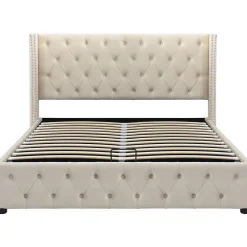Gutent Lit adulte lit coffre lit rembourré hydraulique lit de rangement lit 140x200 cm lit en métal lit double velours beige* Lit Avec Rangement
