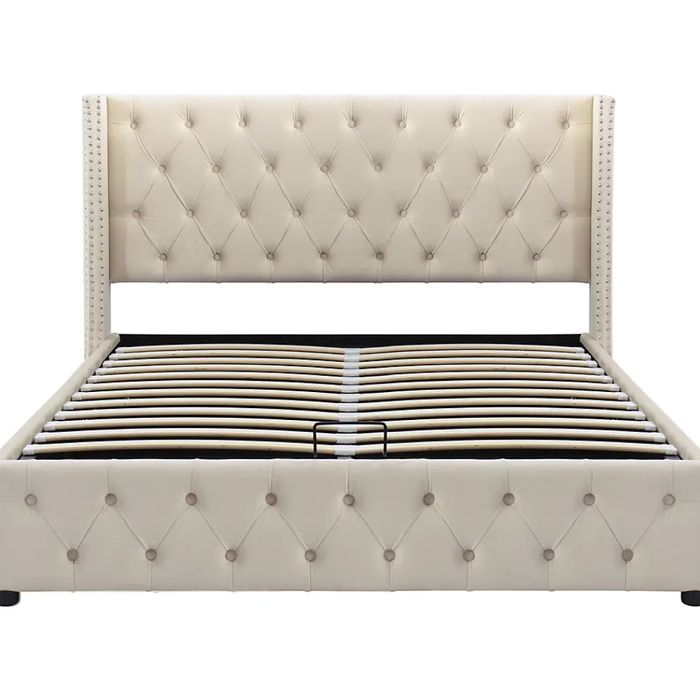 Gutent Lit adulte lit coffre lit rembourré hydraulique lit de rangement lit 140x200 cm lit en métal lit double velours beige* Lit Avec Rangement