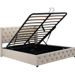 Gutent Lit adulte lit coffre lit rembourré hydraulique lit de rangement lit 140x200 cm lit en métal lit double velours beige* Lit Avec Rangement