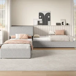 Gutent Lit adulte lit rembourré lit 90x200 cm avec armoire de rangement et tiroir lit double lin gris* Lit Avec Rangement