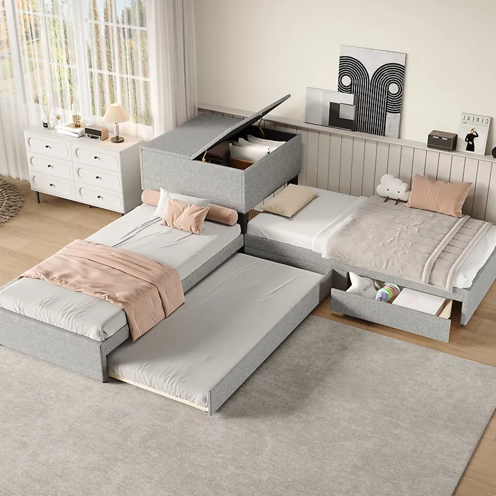 Gutent Lit adulte lit rembourré lit 90x200 cm avec armoire de rangement et tiroir lit double lin gris* Lit Avec Rangement