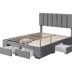 Gutent Lit adulte lit rembourré 140x200 cm, avec dossier,sommier à lattes et 4 tiroirs, velours, gris* Lit Avec Rangement