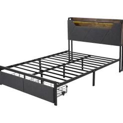 Gutent Lit adulte lit 140x200 cm avec cadre métallique lit rembourré avec éclairage led et tiroirs lit double lin gris* Lit Avec Rangement