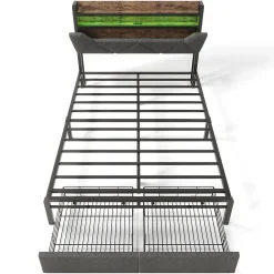 Gutent Lit adulte lit 140x200 cm avec cadre métallique lit rembourré avec éclairage led et tiroirs lit double lin gris* Lit Avec Rangement