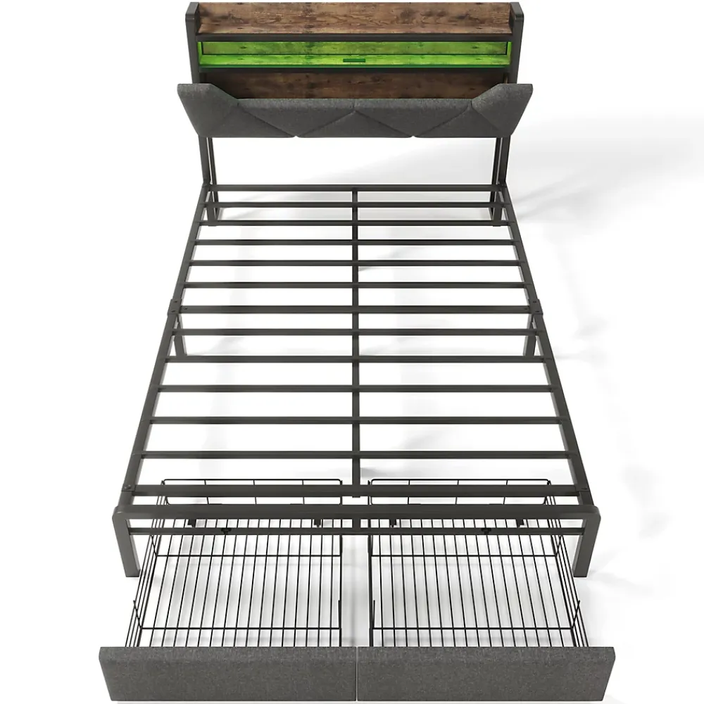 Gutent Lit adulte lit 140x200 cm avec cadre métallique lit rembourré avec éclairage led et tiroirs lit double lin gris* Lit Avec Rangement