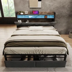 Gutent Lit adulte lit 140x200 cm avec cadre métallique lit rembourré avec éclairage led et tiroirs lit double lin gris* Lit Avec Rangement