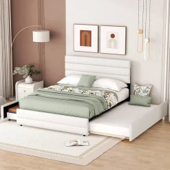 Lit adulte lit 140x200 cm avec brocheuse et deux tiroirs lit double lin beige><noscript><img width=