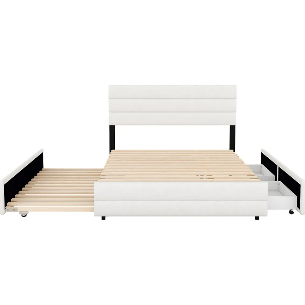 Lit adulte lit 140x200 cm avec brocheuse et deux tiroirs lit double lin beige>Gutent New