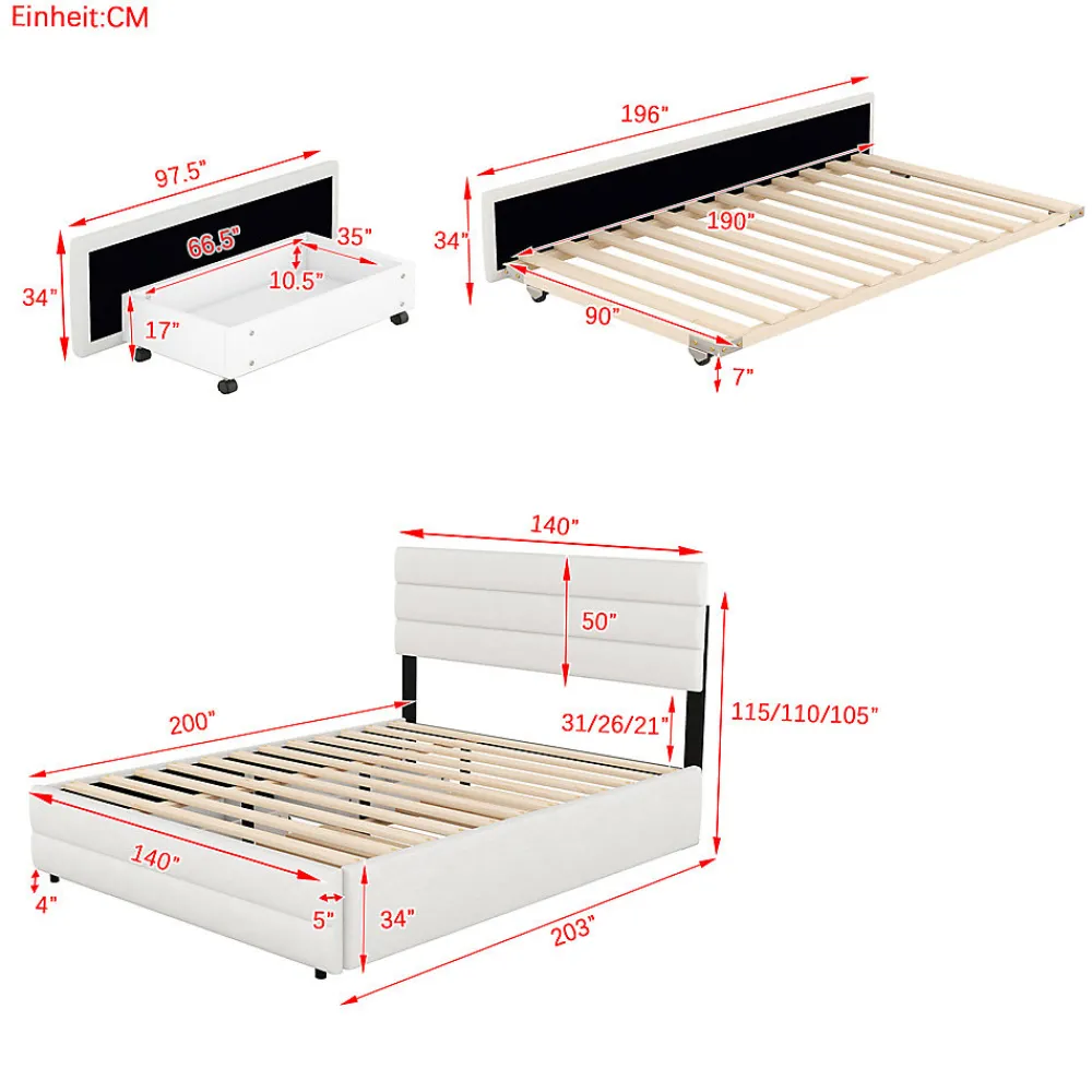 Lit adulte lit 140x200 cm avec brocheuse et deux tiroirs lit double lin beige>Gutent New