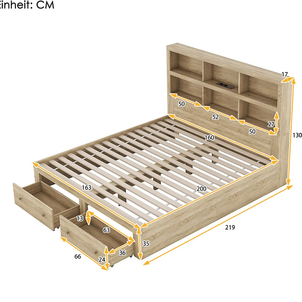 Lit adulte lit 160x200 cm avec deux tiroirs avec rangement tête de lit lit double panneau de particules Neutral>Gutent Online