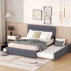 Gutent Lit adulte lit 140x200 cm avec brocheuse et deux tiroirs lit double lin gris* Lit Gigogne