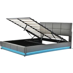 Gutent Lit adulte lit 160x200 cm lit led rembourré hydraulique lit de rangement lit double cuir synthétique gris* Lit Avec Rangement