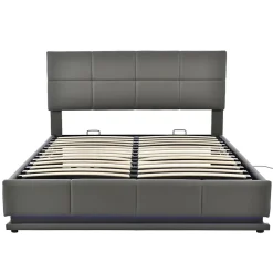Gutent Lit adulte lit 160x200 cm lit led rembourré hydraulique lit de rangement lit double cuir synthétique gris* Lit Avec Rangement