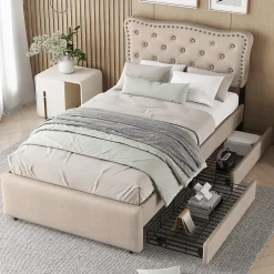 Gutent Lit adulte lit 90x200 cm lit plat lit rembourré Single tiroirs doubles lin beige foncé* Lit Avec Rangement